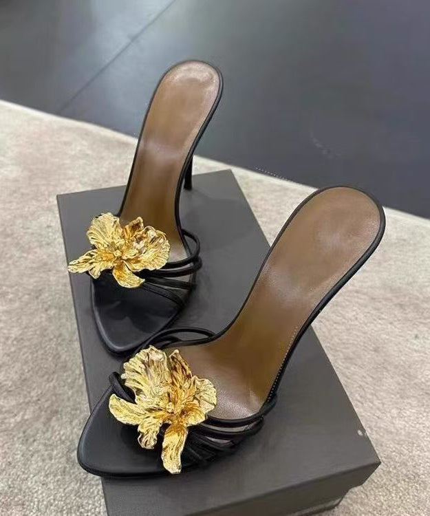 Spleißen Floral Slide Sandalen Faux Schwarz Mode Stiletto Leder