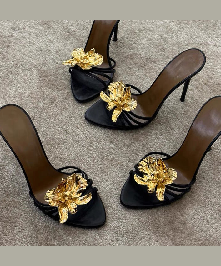 Spleißen Floral Slide Sandalen Faux Schwarz Mode Stiletto Leder