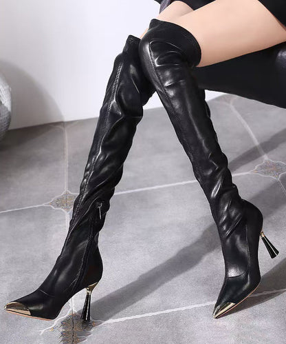 Black Stiletto Faux Leather Stylish Splicing Knee Boots TE001