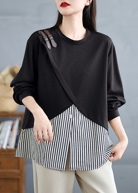 Schwarz gestreiftes Patchwork-Zweiteiler-Oberteil aus Baumwolle mit Rundhalsausschnitt, Frühling TJ007