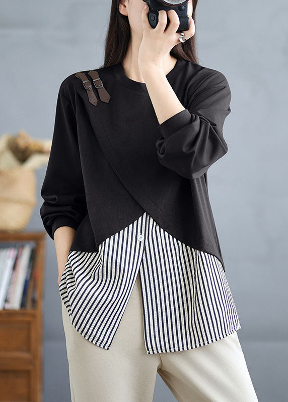 Schwarz gestreiftes Patchwork-Zweiteiler-Oberteil aus Baumwolle mit Rundhalsausschnitt, Frühling TJ007