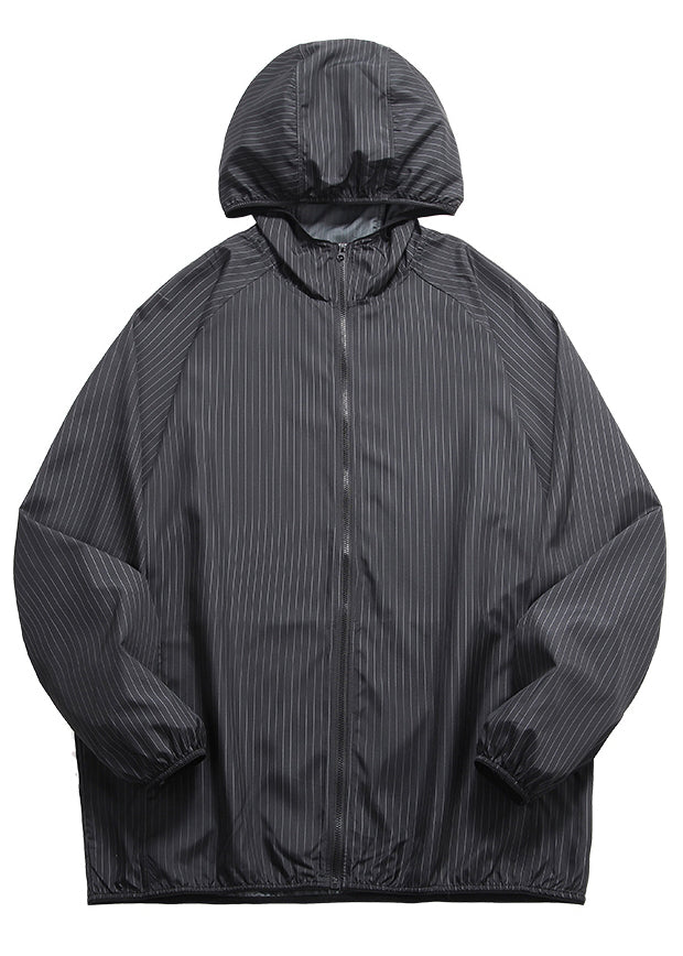 Manteau à capuche zippé en soie à fines rayures pour homme, noir