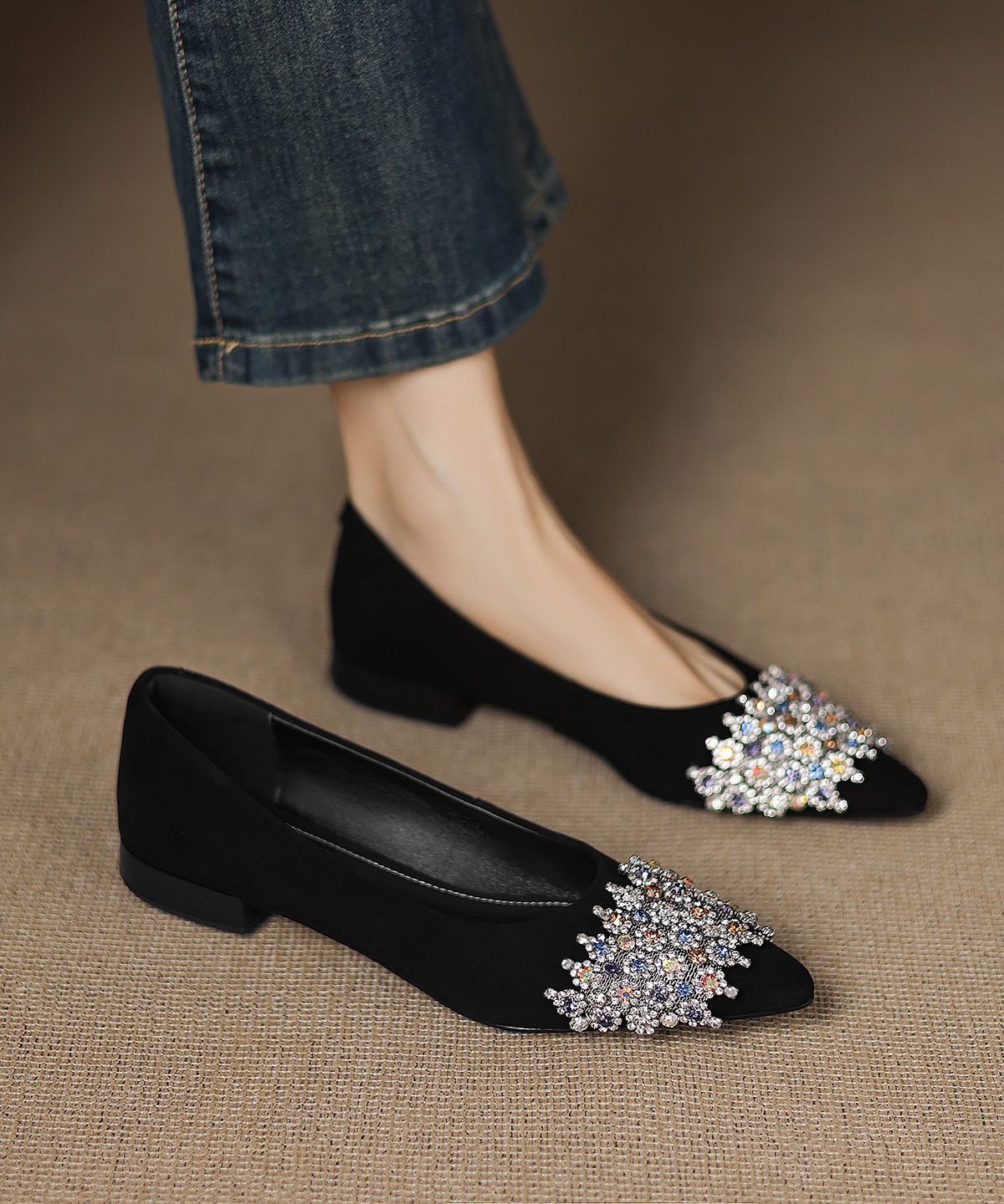 Black Flats Toe Zircon Pointed Unique Suede Splicing