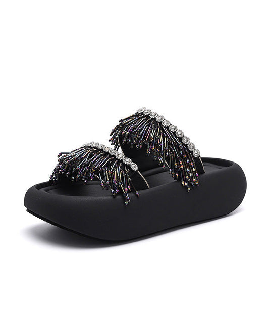 Slide Tassel Toe Splicing Peep Platform Black Sandals