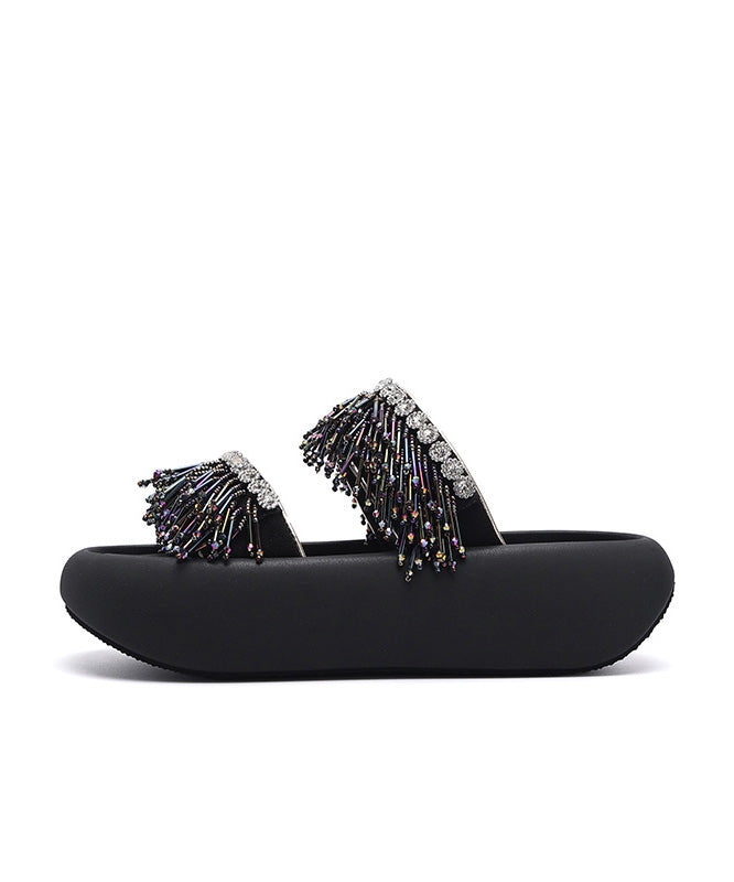 Slide Tassel Toe Splicing Peep Platform Black Sandals