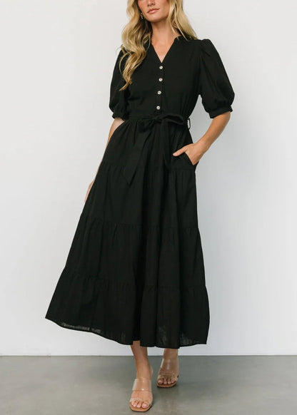 Black Tie Waist Cotton Long Dresses V Neck Short Sleeve AU1004