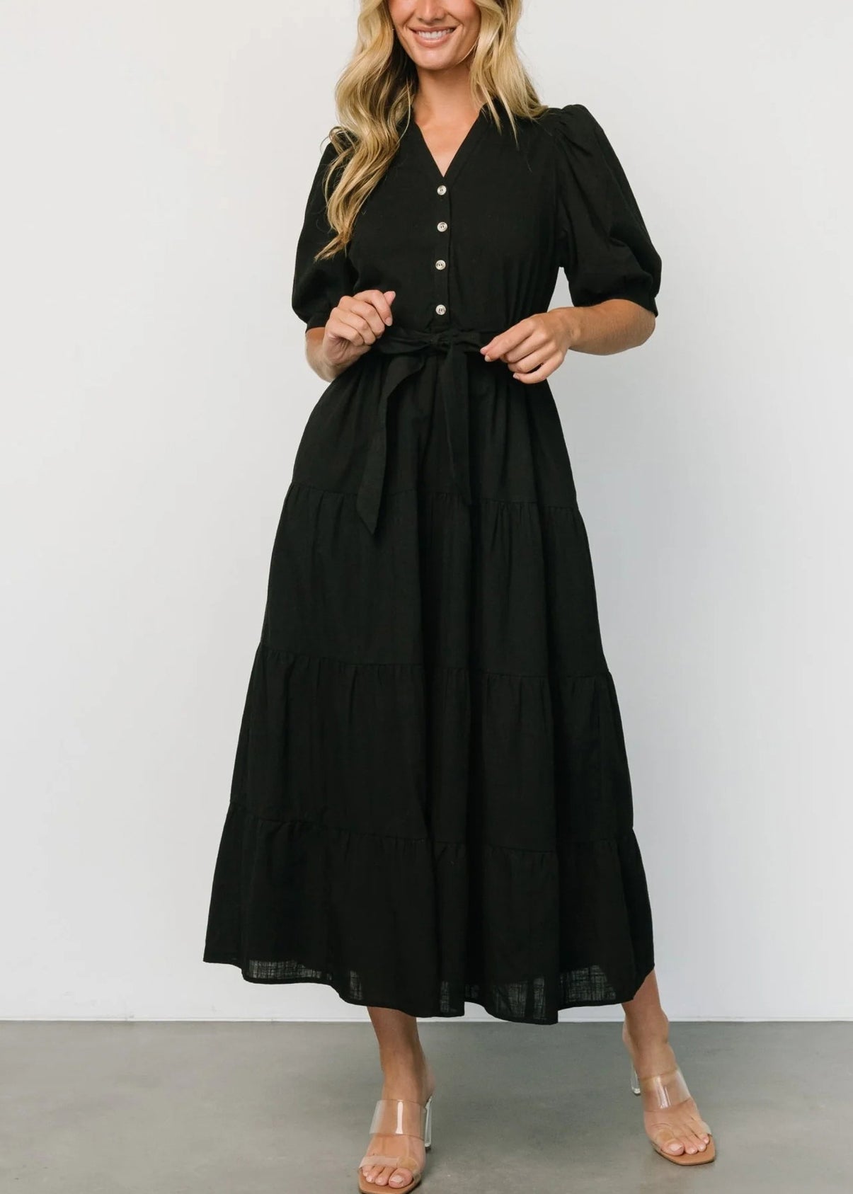 Black Tie Waist Cotton Long Dresses V Neck Short Sleeve AU1004