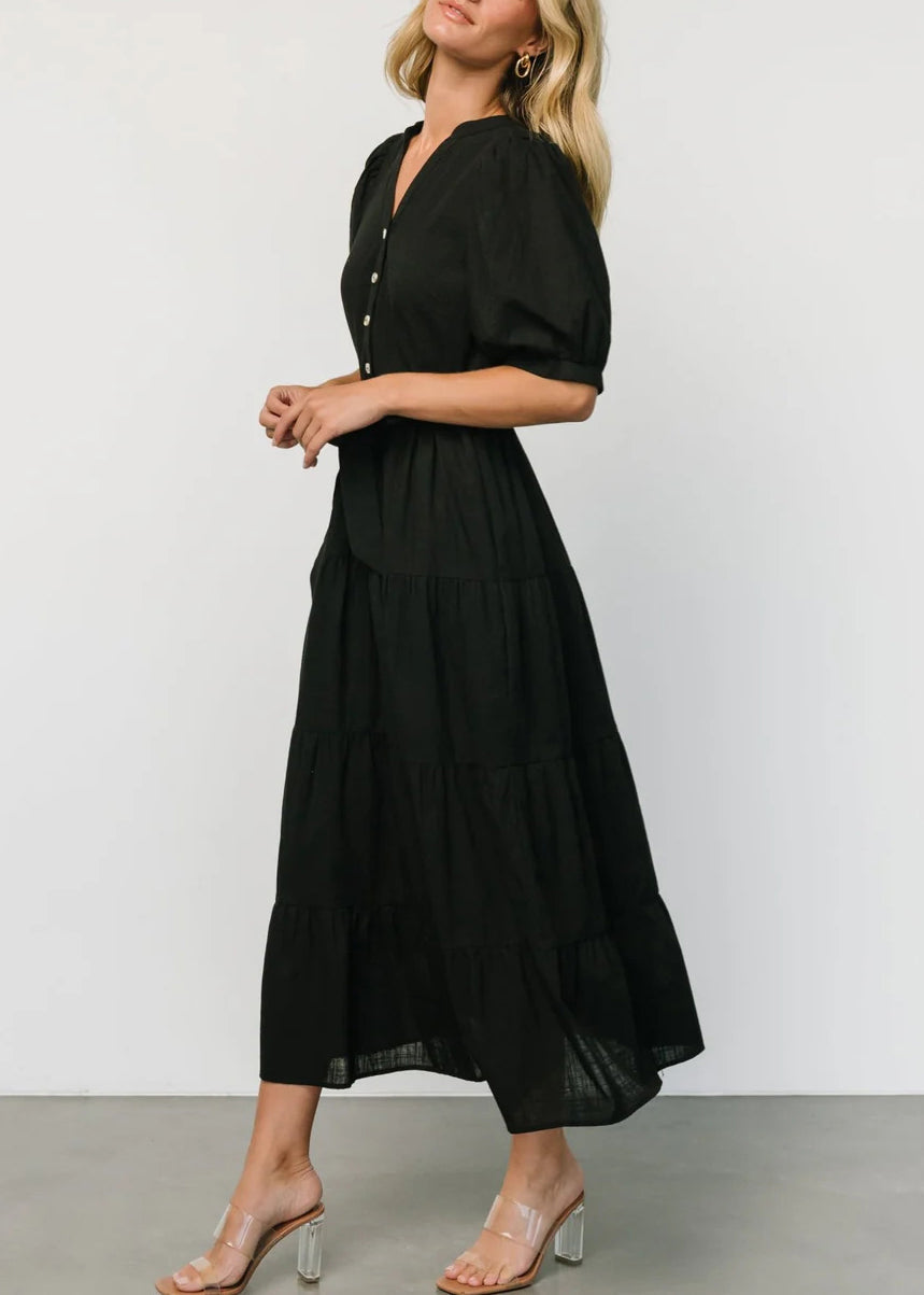 Black Tie Waist Cotton Long Dresses V Neck Short Sleeve AU1004