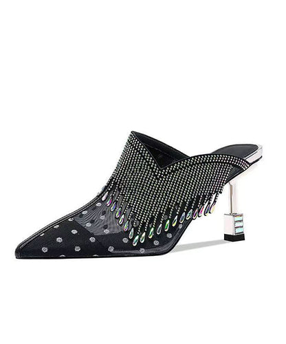 Black Tulle Zircon Tassel Slide Sandals Fashion Pointed Toe CZ1052