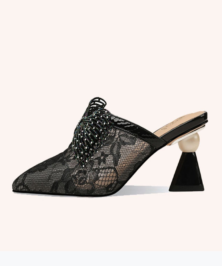 Black Vogue Tulle High Heel Pointed Toe Slide Sandals RT1009