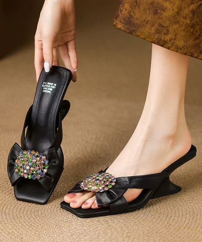 Slide Splicing Zircon Wedge Black Sandals Chic Sheepskin