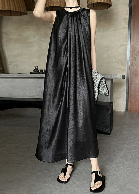 O Long Wrinkled Dress Black Neck Silk Summer