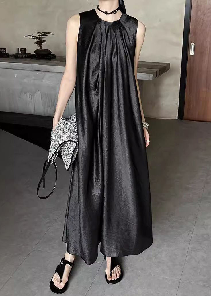 O Long Wrinkled Dress Black Neck Silk Summer