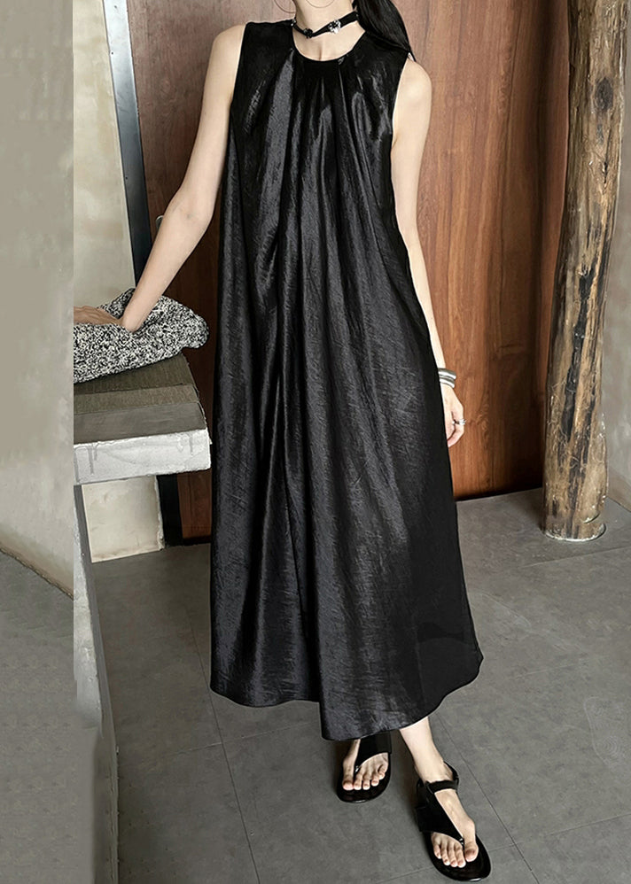 O Long Wrinkled Dress Black Neck Silk Summer
