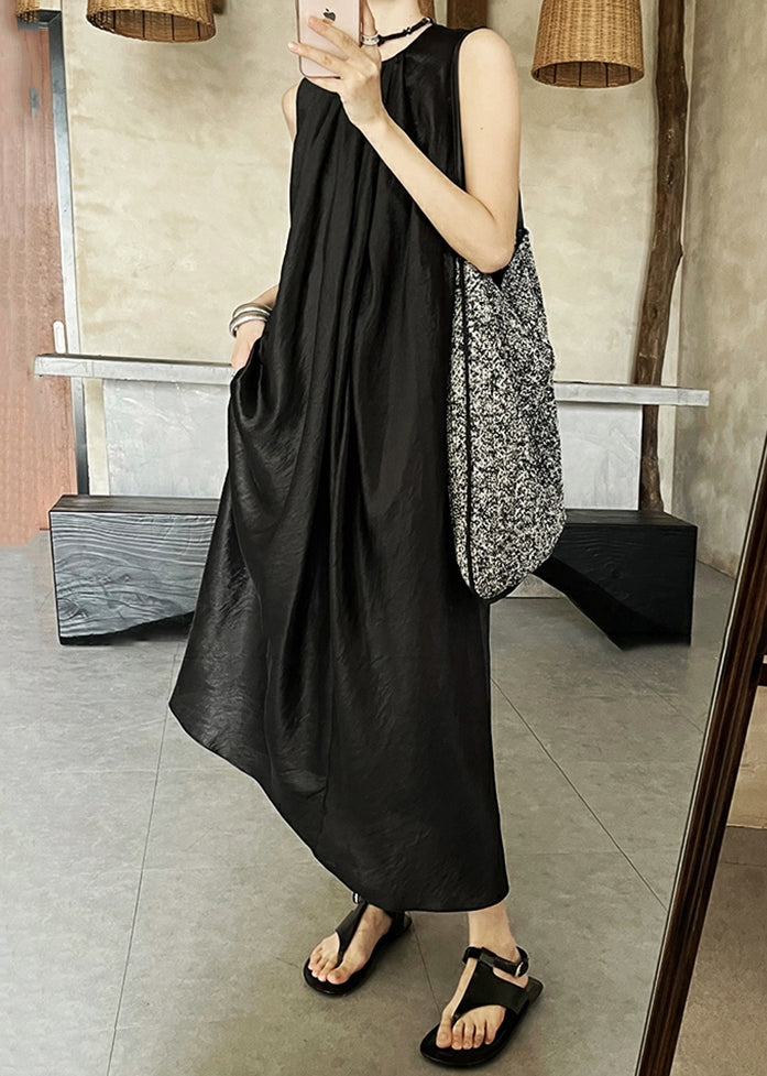O Long Wrinkled Dress Black Neck Silk Summer