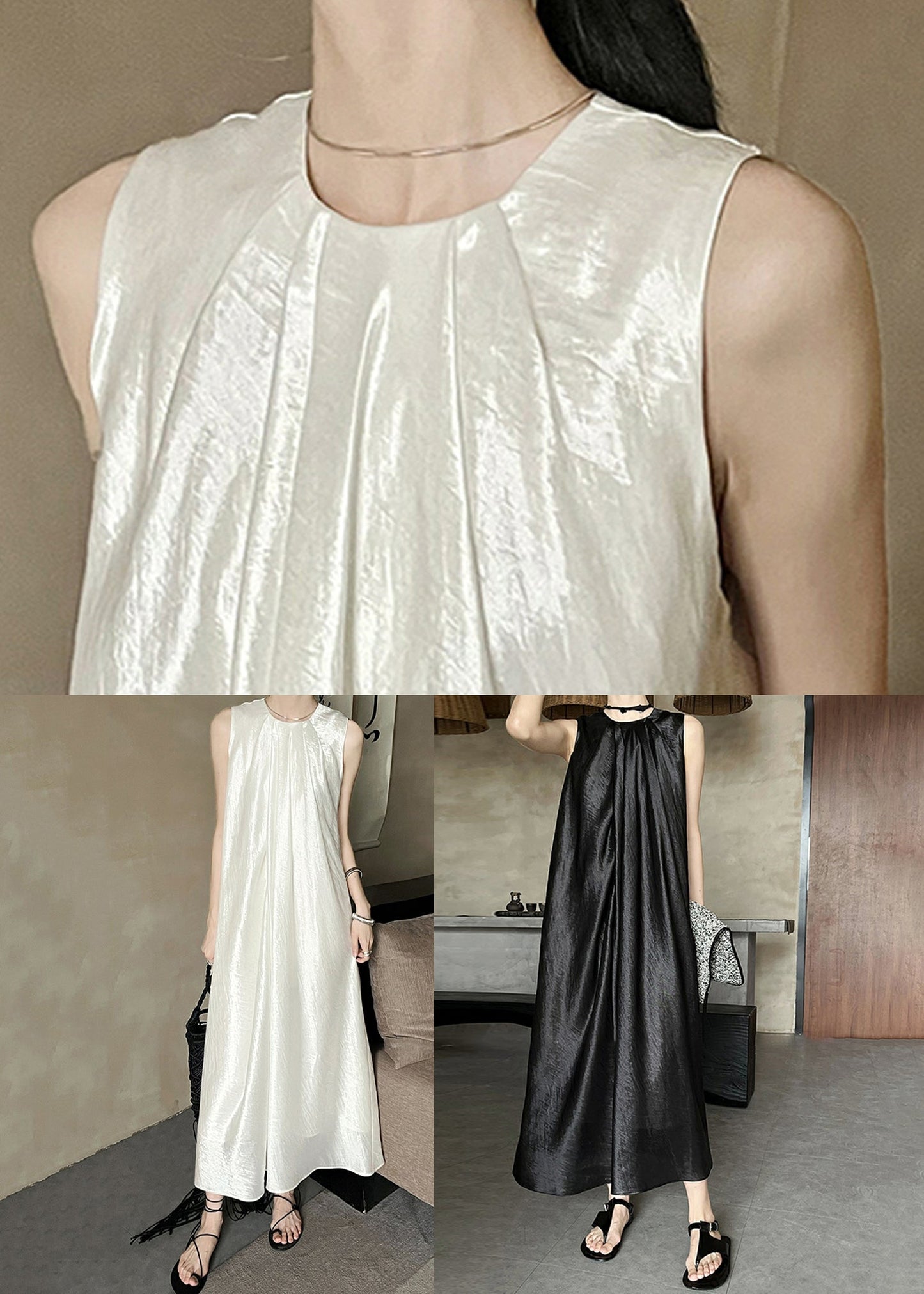 O Long Wrinkled Dress Black Neck Silk Summer