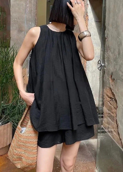 Black Wrinkled Top And Shorts Two Pieces Set Sleeveless QB018