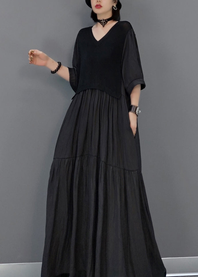 Robe longue noire froissée à manches mi-longues VB1003