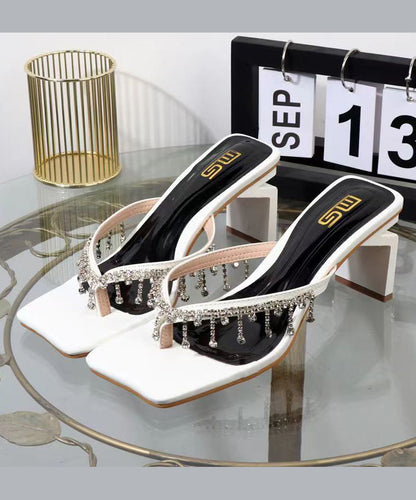 Black Zircon Tassel Fashion Chunky Heel Thong Sandals XC1005