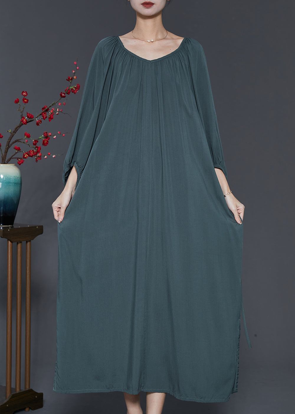 Robe longue en coton vert noirâtre surdimensionnée pour le printemps SD1017