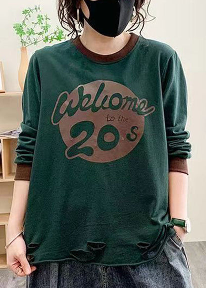 Blackish Green Hole Cotton Top O Neck Long Sleeve AU1037