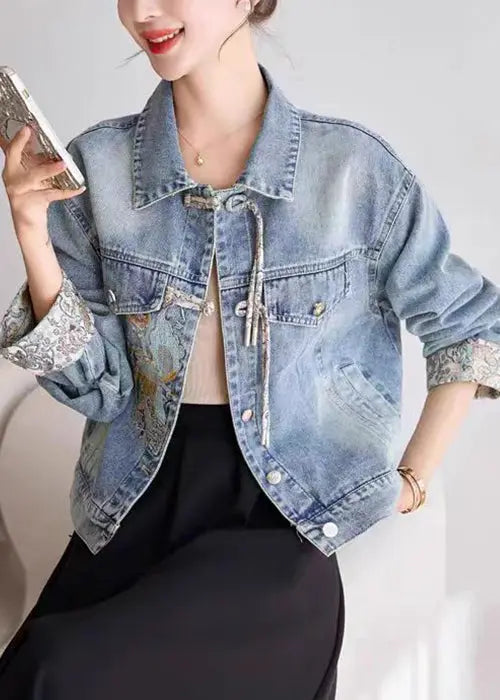 Blue Button Patchwork Denim Coats Peter Pan Collar Spring Ada Fashion