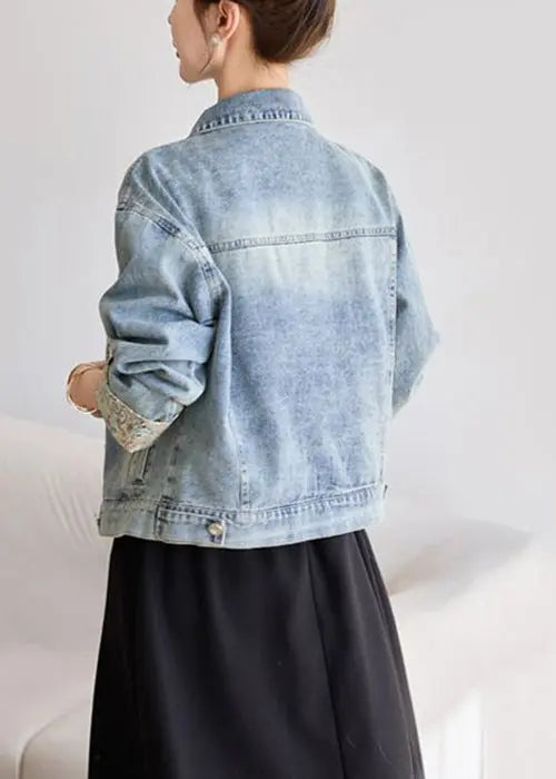 Blue Button Patchwork Denim Coats Peter Pan Collar Spring Ada Fashion