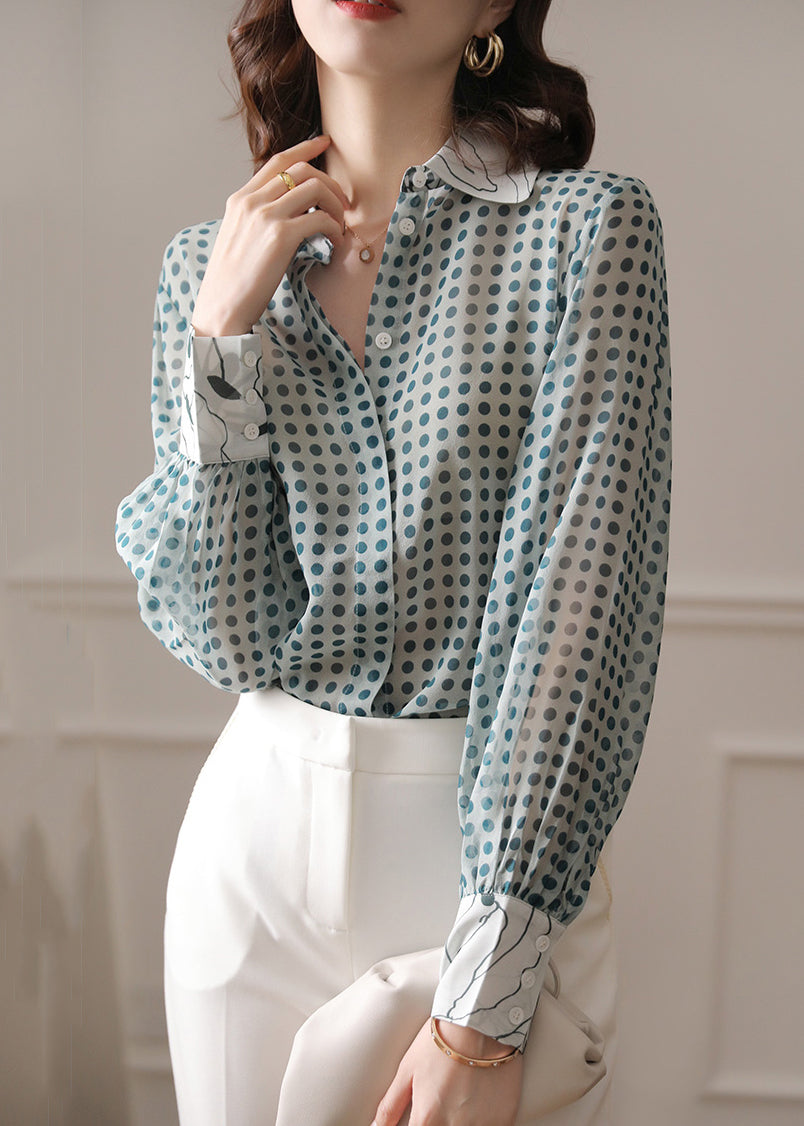 Blue Button Print Chiffon Shirt Peter Pan Collar Long Sleeve Ada Fashion