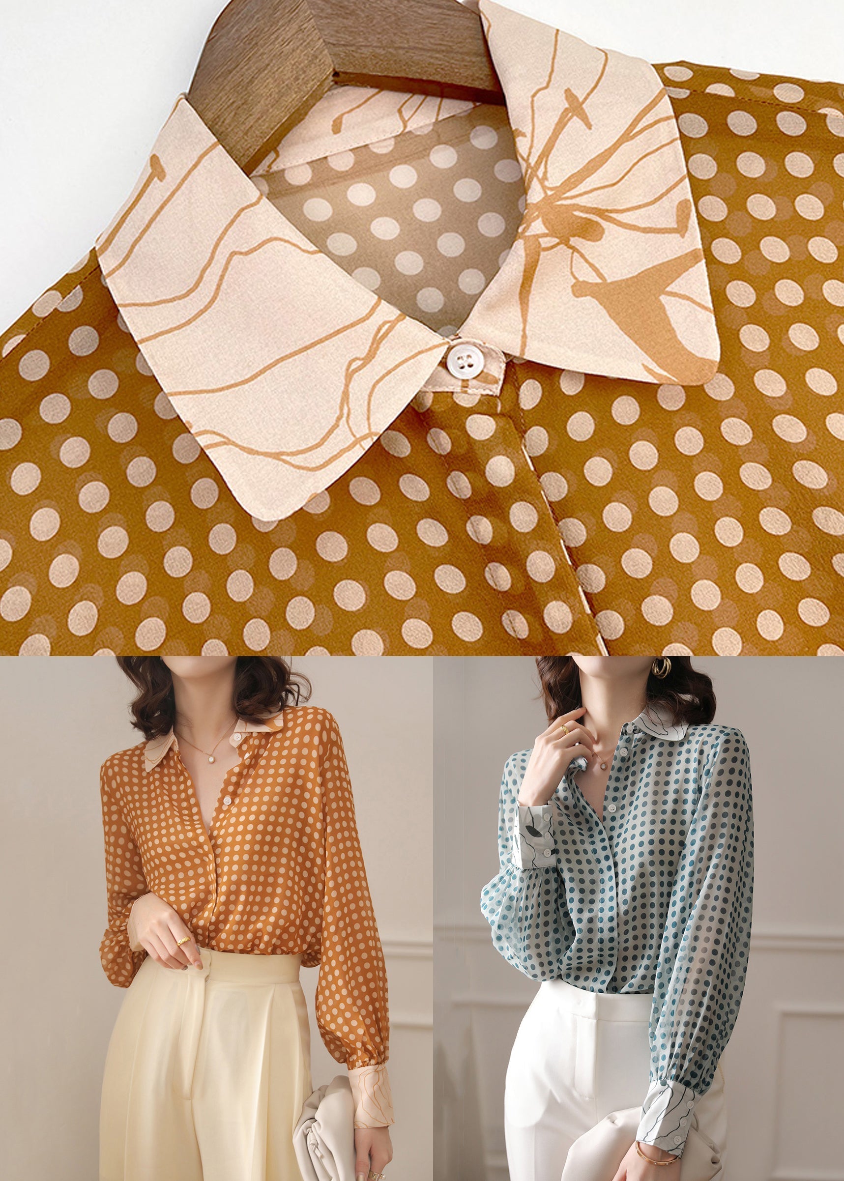 Blue Button Print Chiffon Shirt Peter Pan Collar Long Sleeve Ada Fashion