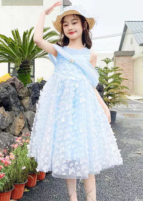 Robe longue d'été en tulle bleu uni à épaules dénudées pour filles Papillon TT034