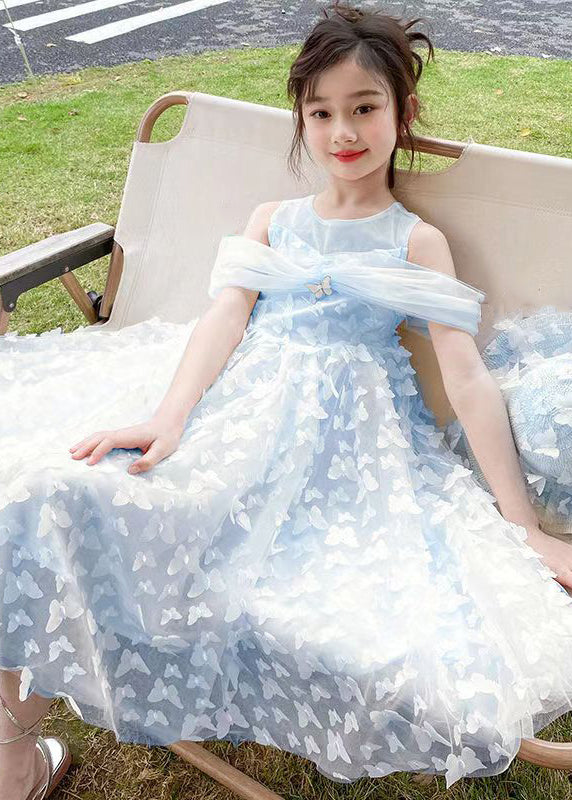 Robe longue d'été en tulle bleu uni à épaules dénudées pour filles Papillon TT034