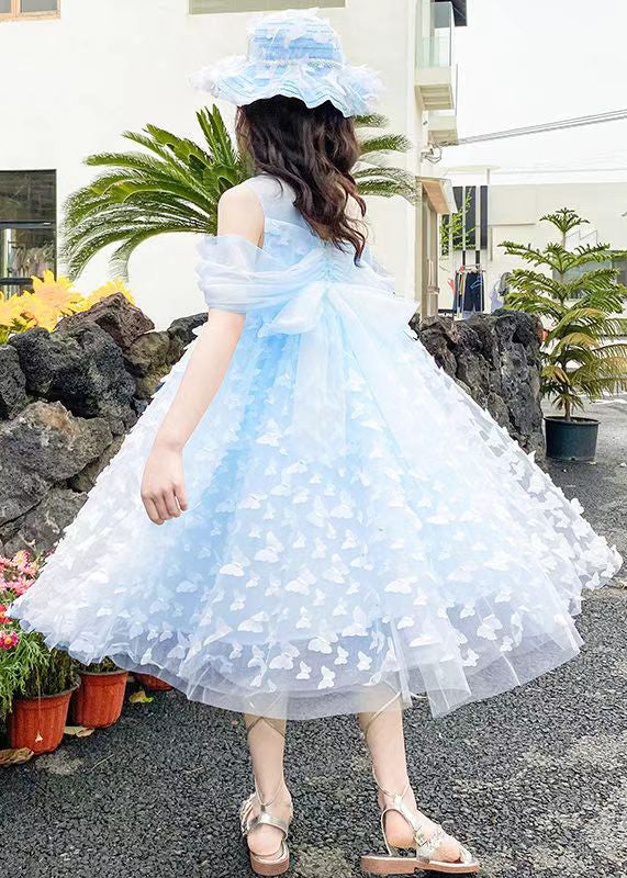 Robe longue d'été en tulle bleu uni à épaules dénudées pour filles Papillon TT034