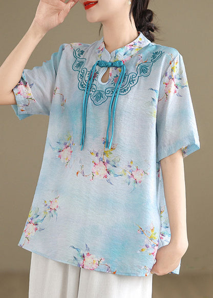 Blue Cotton Shirt Tasseled Stand Collar Embroidered Summer AP089