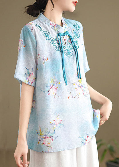 Blue Cotton Shirt Tasseled Stand Collar Embroidered Summer AP089