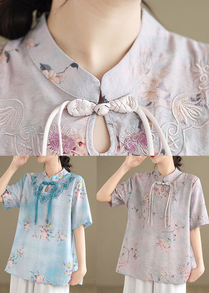 Blue Cotton Shirt Tasseled Stand Collar Embroidered Summer AP089