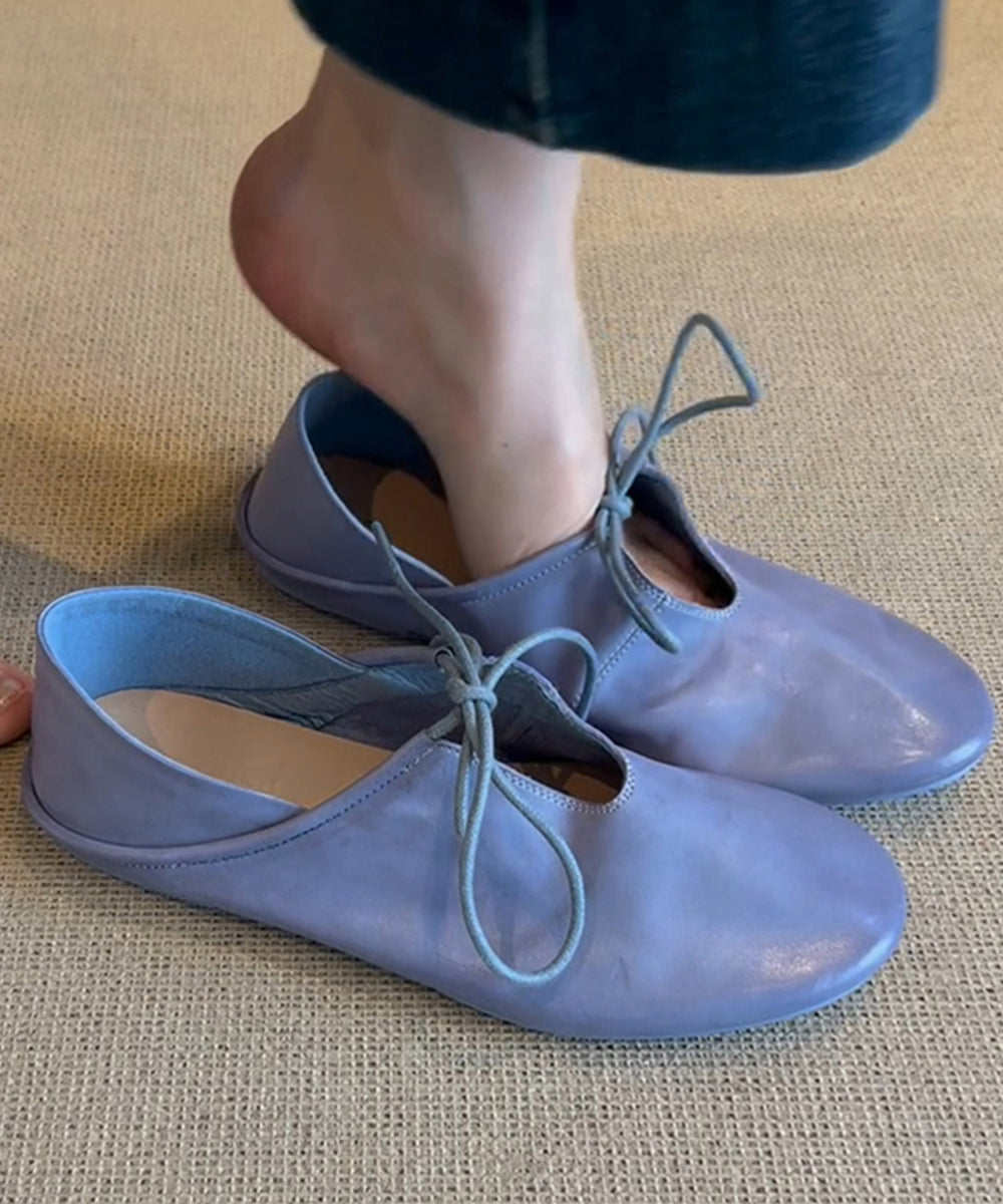 Chaussures bleues pour femmes en cuir, plates, à lacets, en cuir de vachette