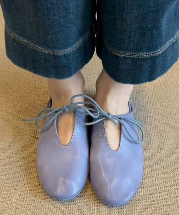 Chaussures bleues pour femmes en cuir, plates, à lacets, en cuir de vachette