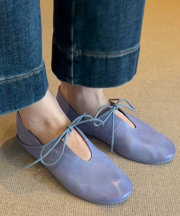 Chaussures bleues pour femmes en cuir, plates, à lacets, en cuir de vachette