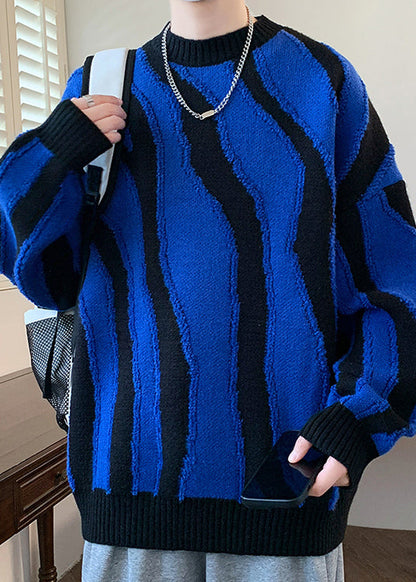 Blue Cozy Patchwork Knit Mens Sweaters Pullover O Neck Winter RC024