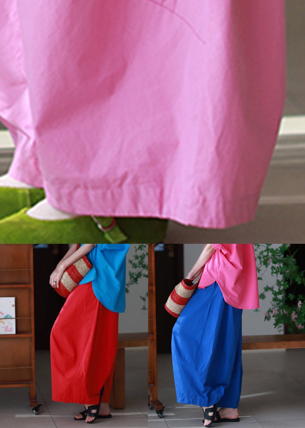 Elastic Blue Summer Loose Pockets Waist Pants Cotton