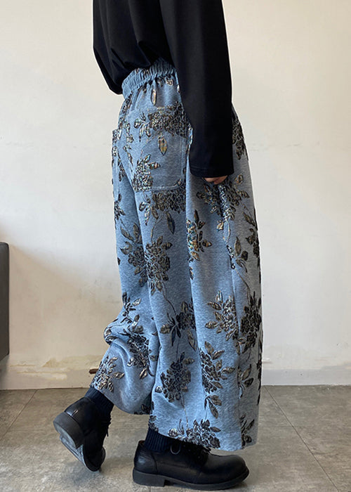 Blue Embroideried Mens Wide Leg Pants Elastic Waist Spring RM027