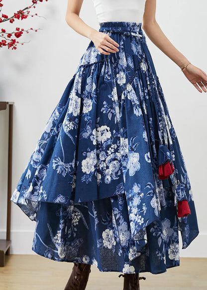 Blue Floral Cotton Skirts Asymmetrical Exra Large Hem Fall Ada Fashion