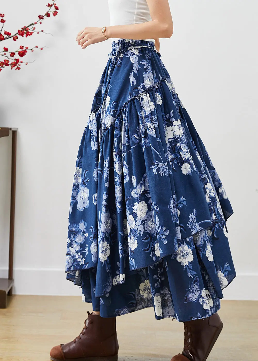 Blue Floral Cotton Skirts Asymmetrical Exra Large Hem Fall Ada Fashion