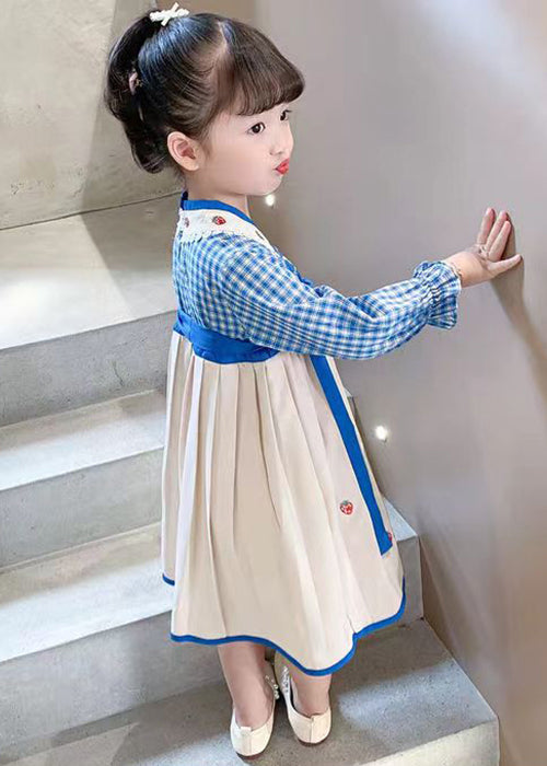 Robe patchwork à lacets bleus en coton pour filles, froissée, automne XZ013