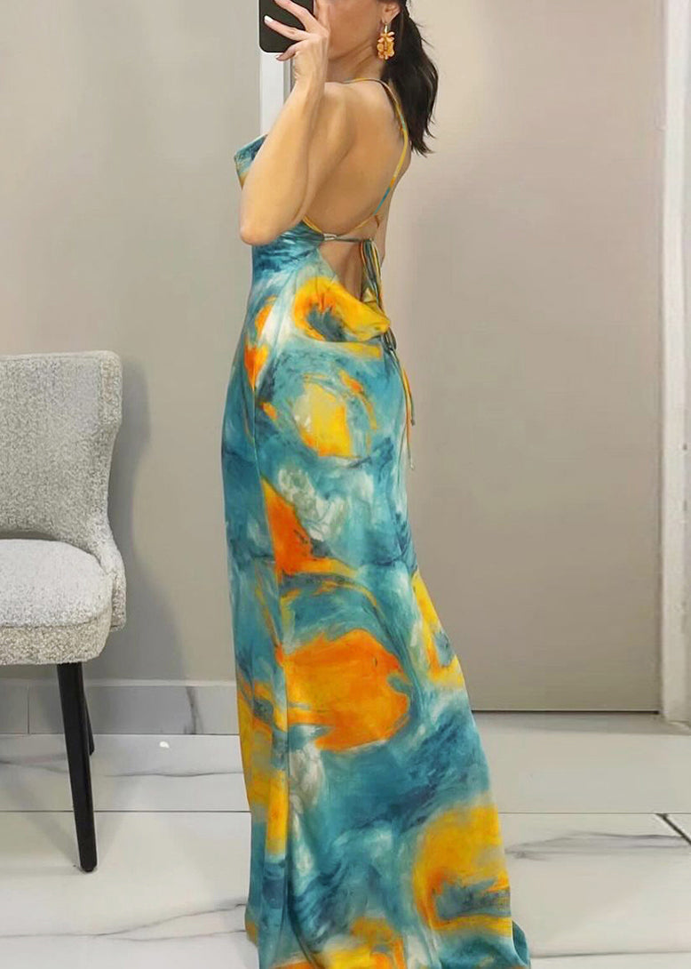 Robe bleue à bretelles, dos nu, sans manches, dentelle, spaghetti