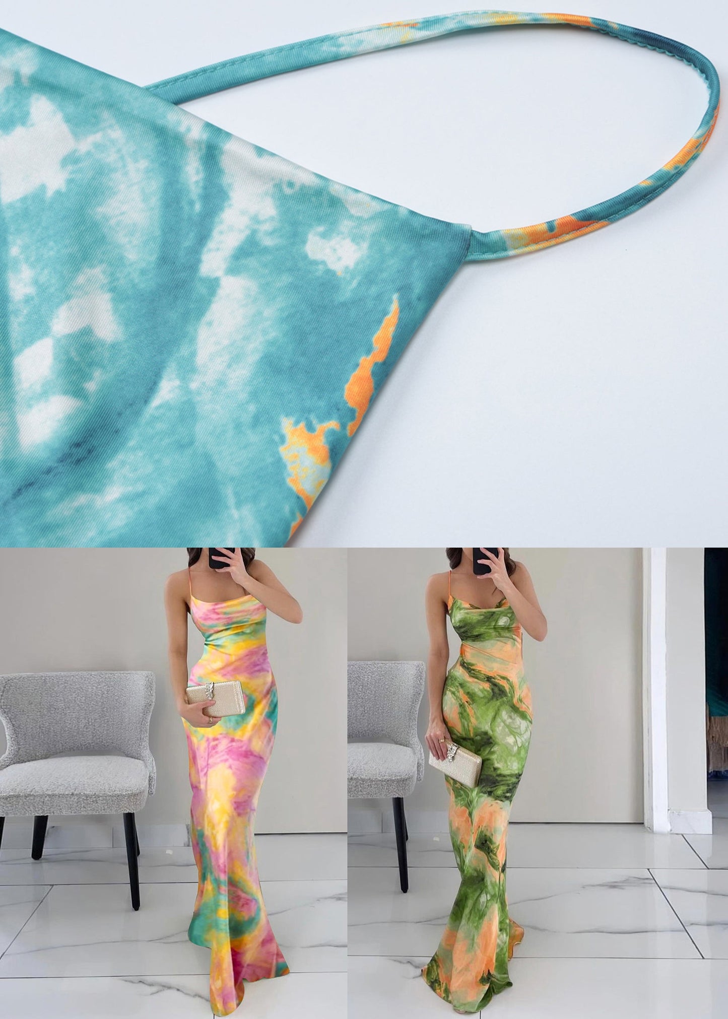 Robe bleue à bretelles, dos nu, sans manches, dentelle, spaghetti