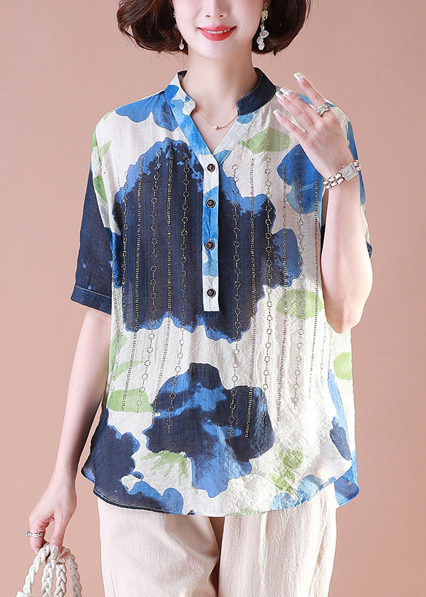 Blue Nail Bead Cotton Tops V Neck Short Sleeve OP1086