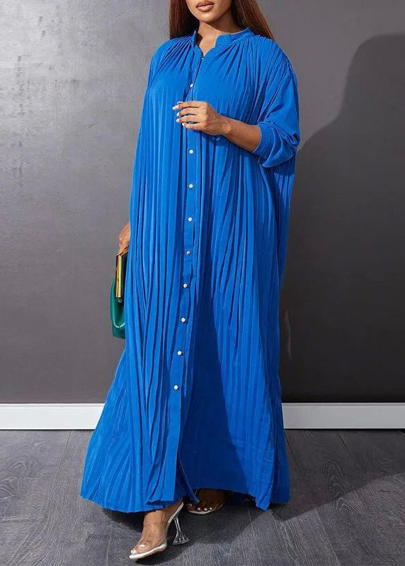 Robe longue de vacances bleue à col rond et manches longues VB1037