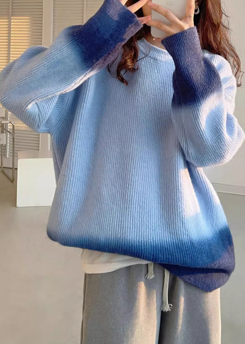 Blue O-Neck Cozy Cotton Knit Sweaters Batwing Sleeve RK018