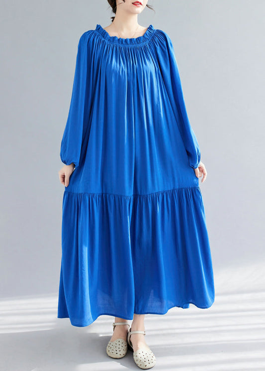 Blue O-Neck Ruffled Patchwork Chiffon Maxi Dress Spring GH1081